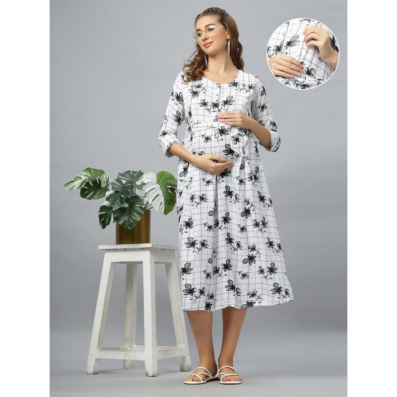 White Rayon Round Neck Checks Printed Maternity/Feeding Short Dress (M)