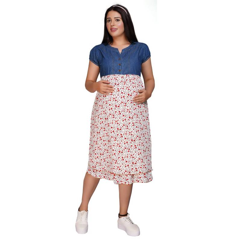 Blue Red Denim Rayon V-Neck Floral Printed Maternity/Feeding Short Dress (XL)