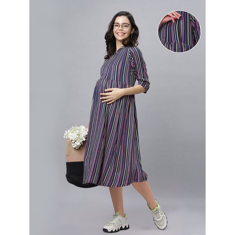 Navy Blue Rayon Mandarin Neck Strips Printed Maternity/Feeding (M)