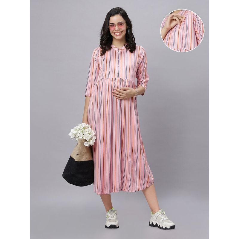 Baby Pink Rayon Mandarin Neck Strips Printed Maternity/Feeding (M)