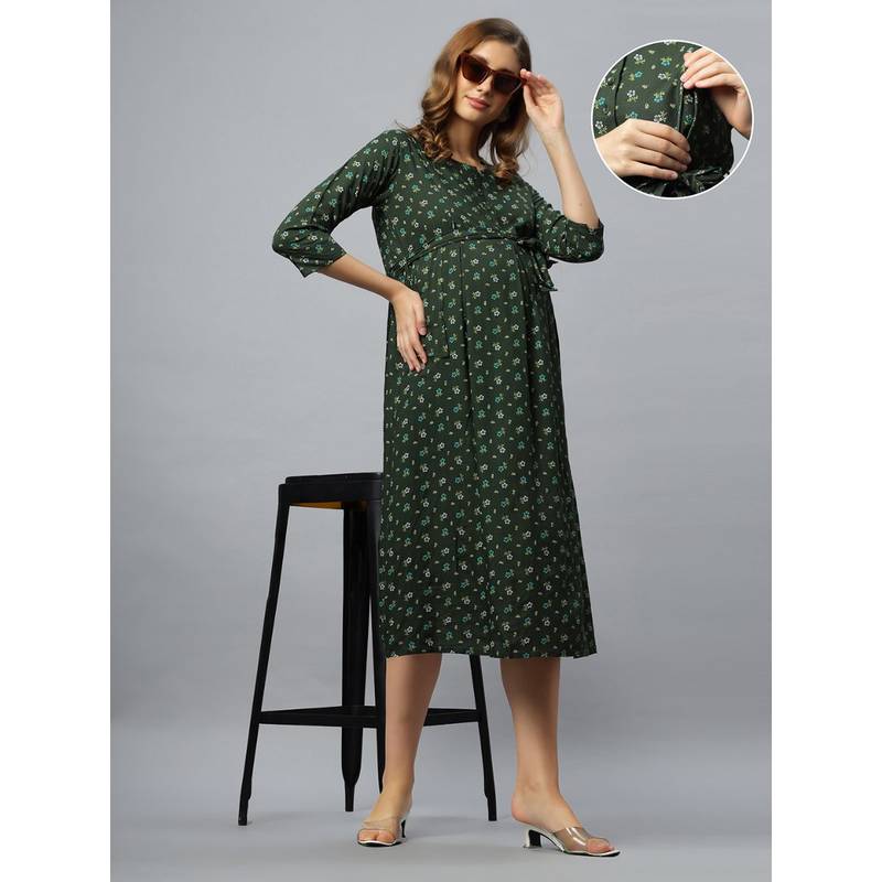 Green Cotton Round Neck Floral Printed Maternity/Feeding Short Dress (L)
