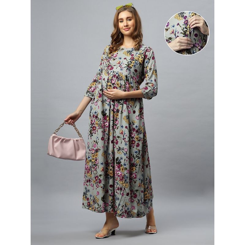 Grey Chiffon Round Neck Floral Printed Maternity/Feeding Long Dress (M)
