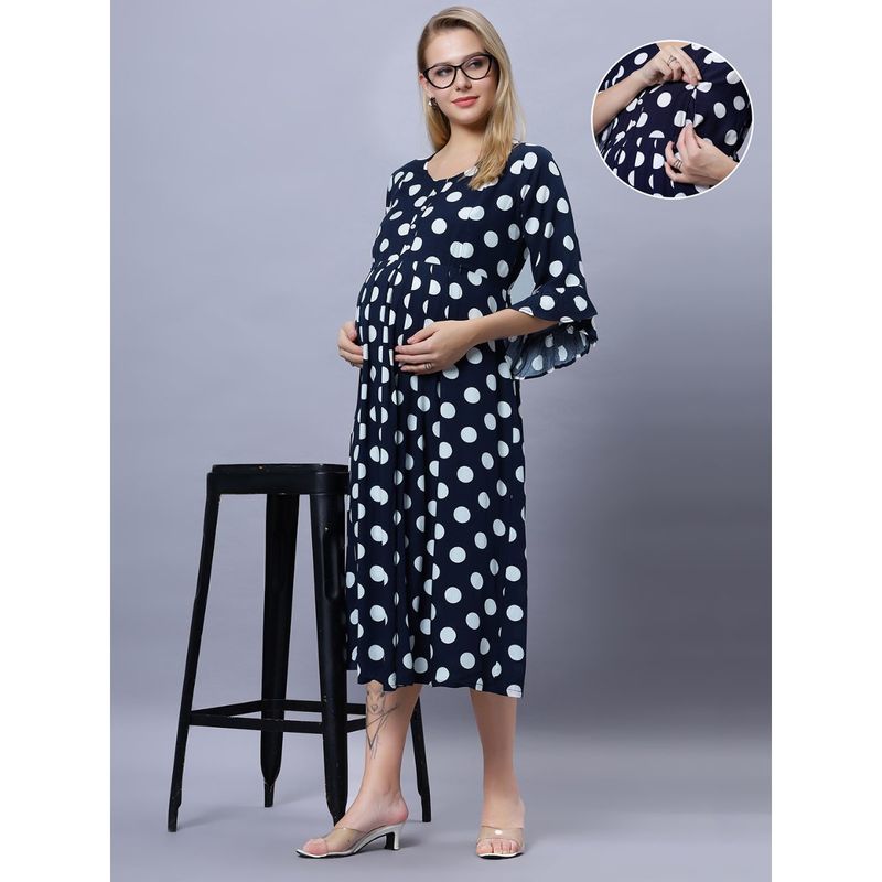 Navy Blue Rayon Round Neck Polka Printed Maternity/Feeding Short Dress (M)