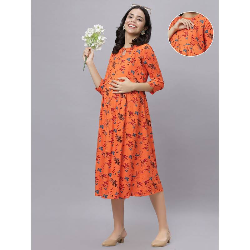 Orange Rayon Keyhole Neck Botanical Printed Maternity/Feeding Short Dress (M)