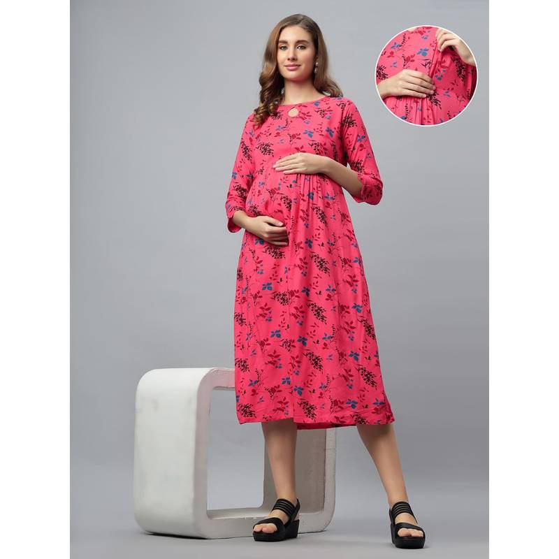 Carrot Red Rayon Keyhole Neck Printed Maternity Feeding Short Dress (M)