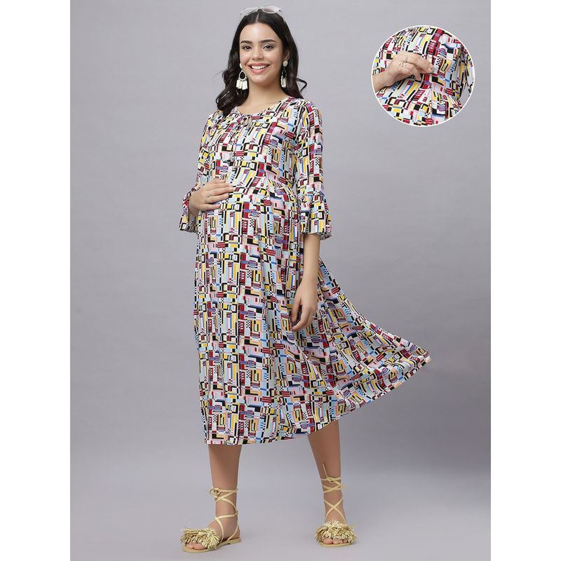 Multi Color Rayon Tie-up Neck Abstarct Printed Maternity/Feeding Short Dress (L)
