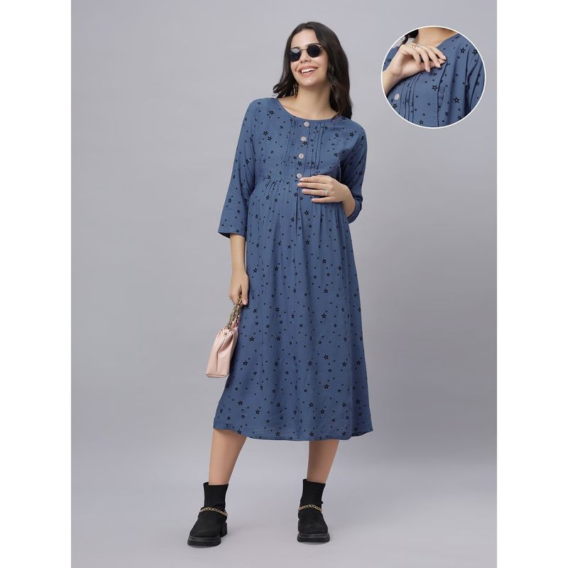 Light Blue Cotton Round Neck Geometric Printed Maternity/Feeding Short Dress (XL)