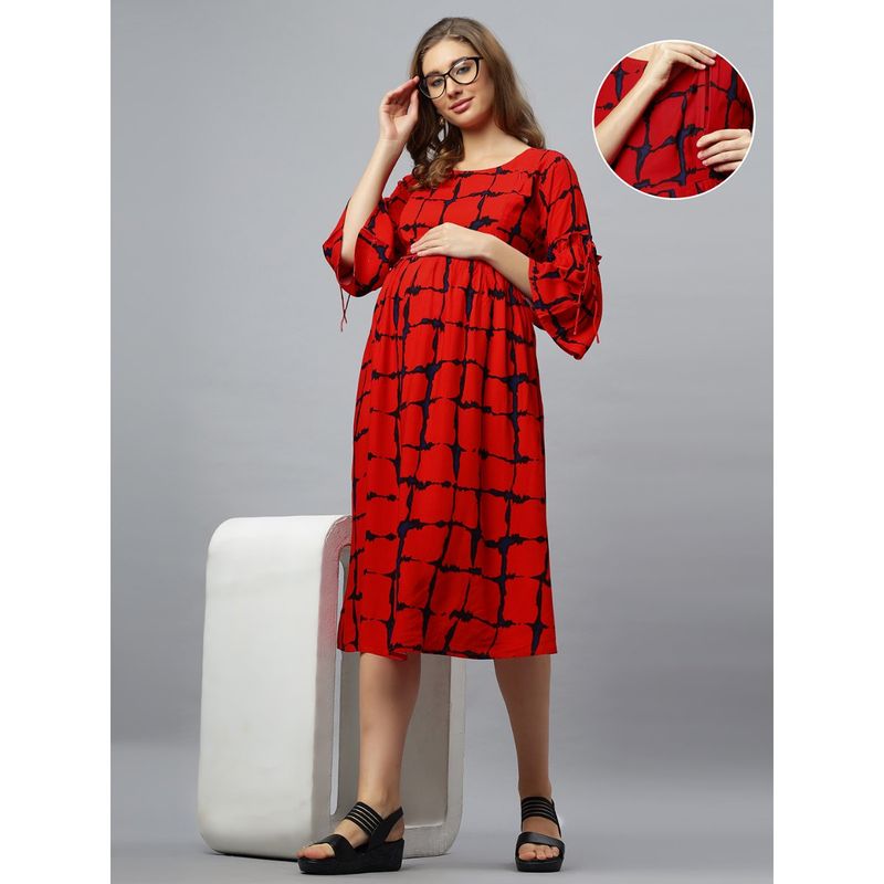 Red Rayon Round Neck Checks Printed Maternity/Feeding Short Dress (XL)