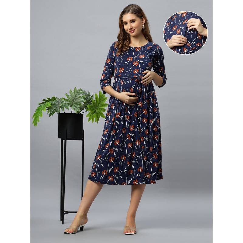 Space Blue Rayon Round Neck Floral Printed Maternity/Feeding Short Dress (M)