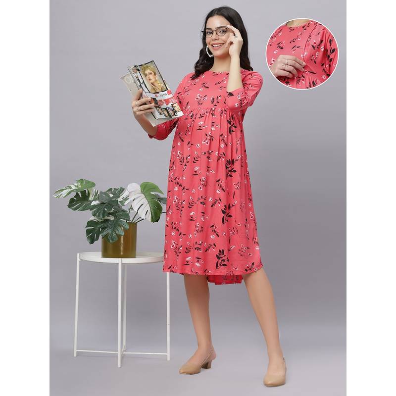 Peach Cotton Round Neck Floral Printed Maternity/Feeding Short Dress (XL)