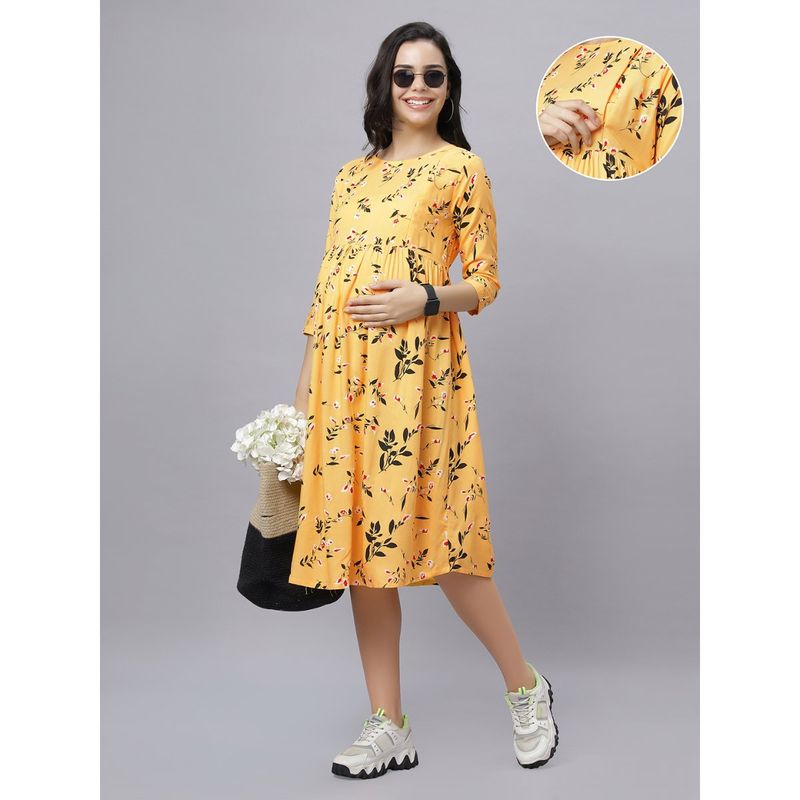 Yellow Cotton Round Neck Floral Printed Maternity/Feeding Short Dress (2XL)