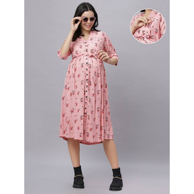 Pink Rayon V-Neck Lace Printed Maternity/Feeding Short Dress (2XL)