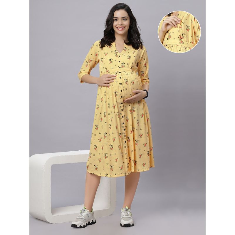 Yellow Rayon V-Neck Lace Printed Maternity/Feeding Short Dress (M)