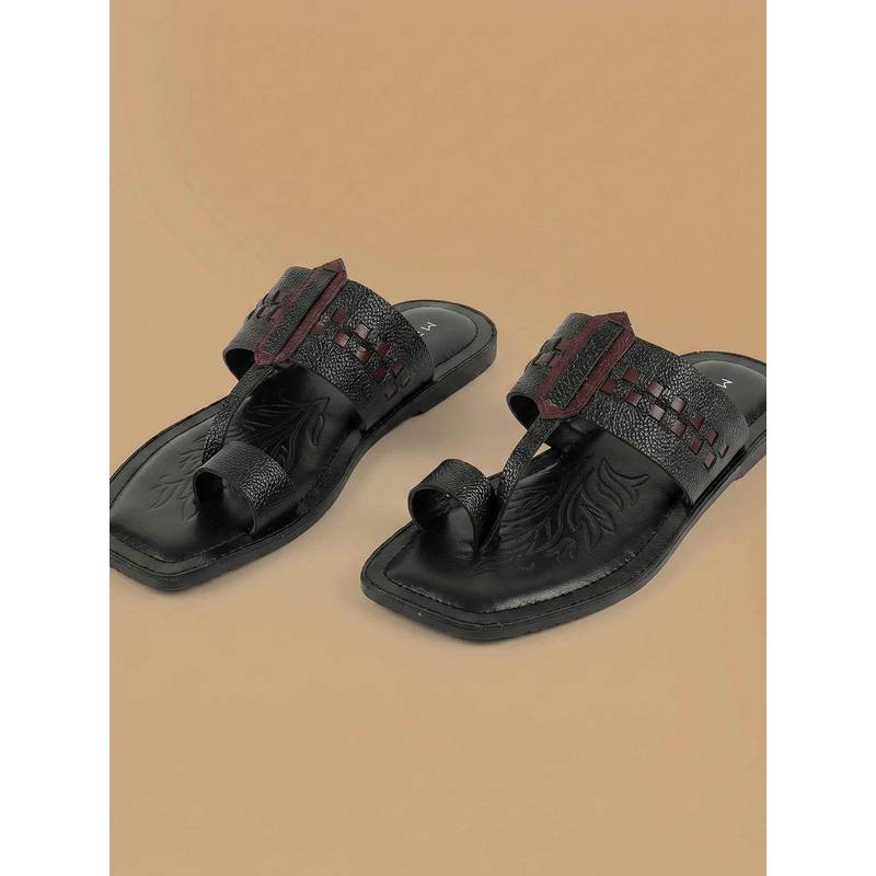 Metro Black Men Leather Kolhapuris (EURO 43)
