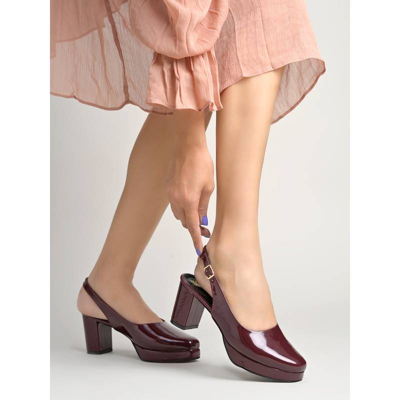 Shoetopia Women Glossy Patent Block Heels - Deep Cherry (EURO 36)