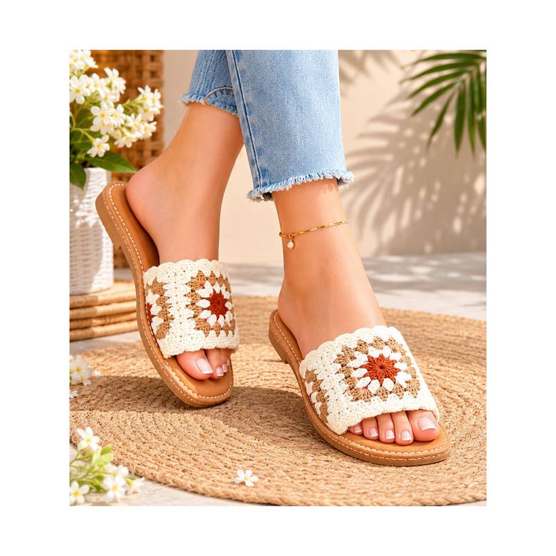 Sandal Stories Women White Noor Crochet Comfort Flats (EURO 36)