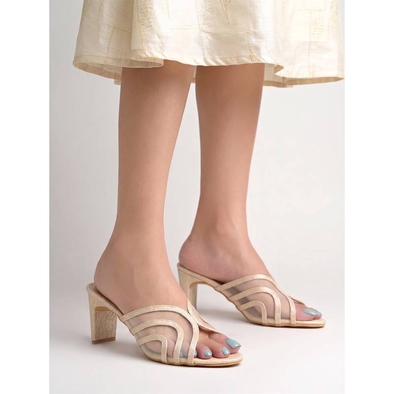 Shoetopia Women Textured Mesh Block Heels - Elegant Light Gold (EURO 36)