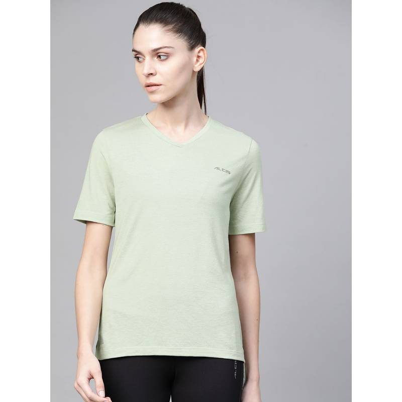 Alcis Women Green Solid V-Neck High-Low Training T-Shirt (L)