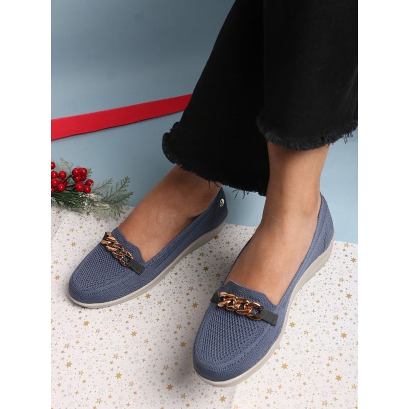 ELLE Womens Woven Desian Slip-On Loafers with Chain Detail Blue (EURO 37)