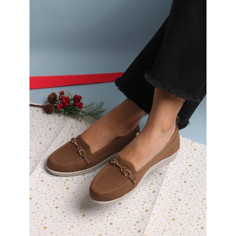 ELLE Womens Woven Desian Slip-On Loafers with Chain Detail Brown (EURO 37)