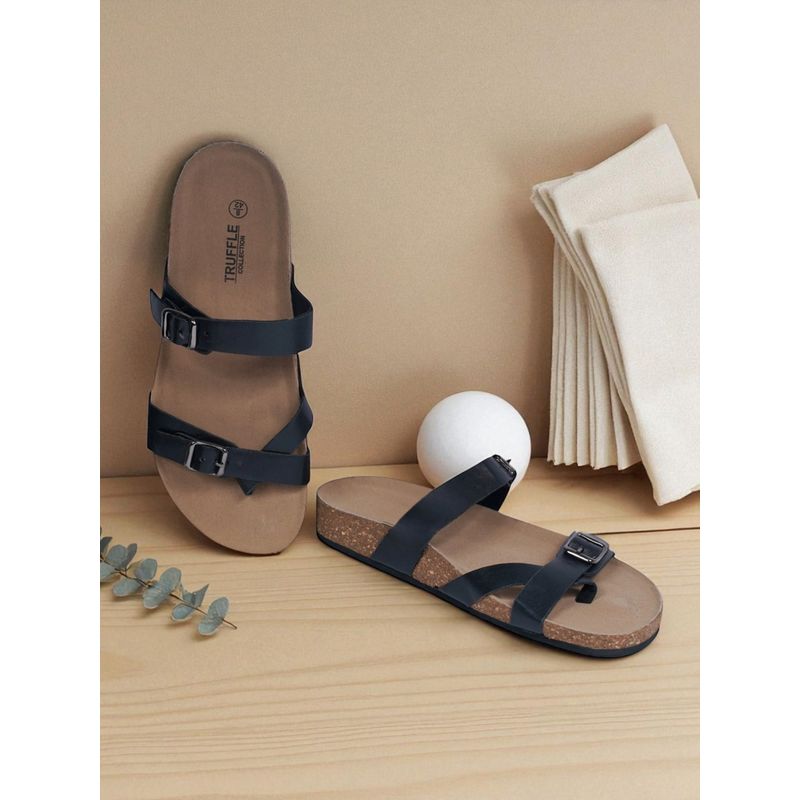 Truffle Collection Black Synthetic Leather Cork-Latex Footbed Sandals For Men (UK 6)