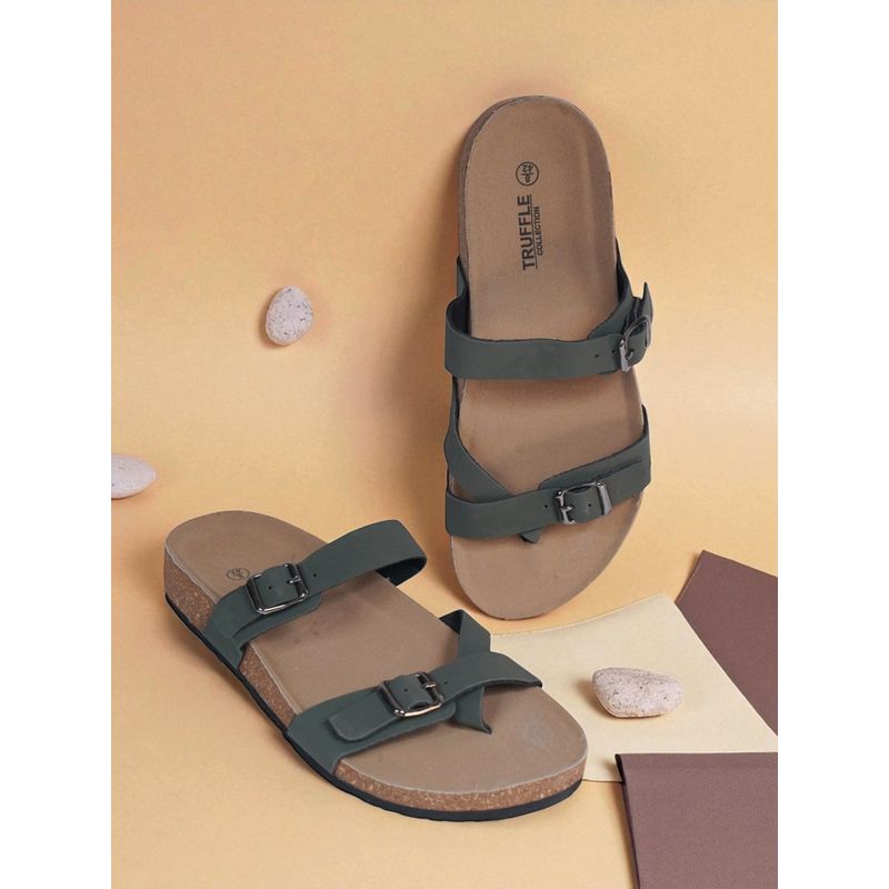 Truffle Collection Olive Green Synthetic Leather Cork-Latex Footbed Sandals For Men (UK 6)