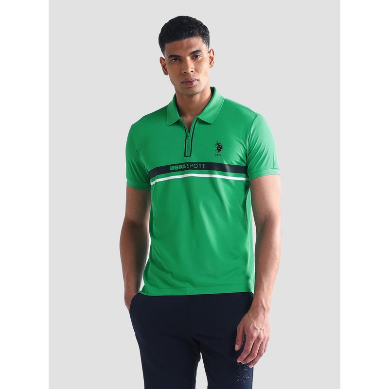 U.S. POLO ASSN. Active Colorblock Green Half Sleeves Collar Neck Polo T-Shirt (M)
