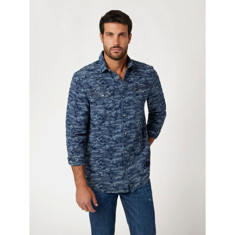 Guess Indigo Collins Cotton Blend Camouflage Shirt (S)
