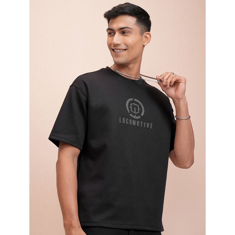 LOCOMOTIVE Men Black Round Neck Brand Logo Oversized T-Shirt (L)