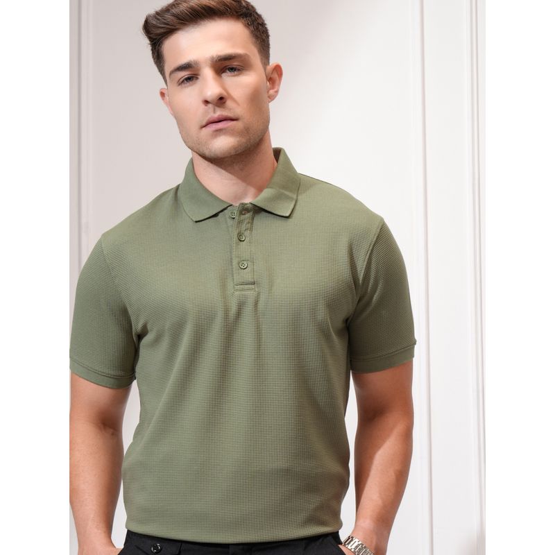 LOCOMOTIVE Men Olive Knitted Solid Polo Collar Slim Fit T-Shirt (M)
