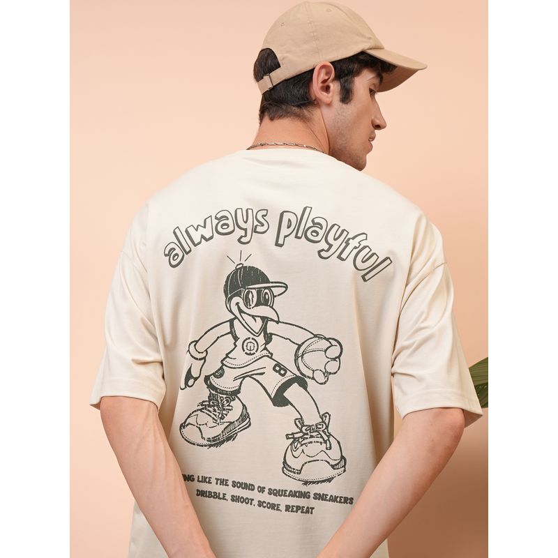 LOCOMOTIVE Men Cream Round Neck Half Sleeve Oversized T Shirt (XL)