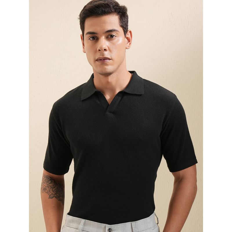 LOCOMOTIVE Men Black Relaxed Fit Knitted Solid Polo T-shirt (L)