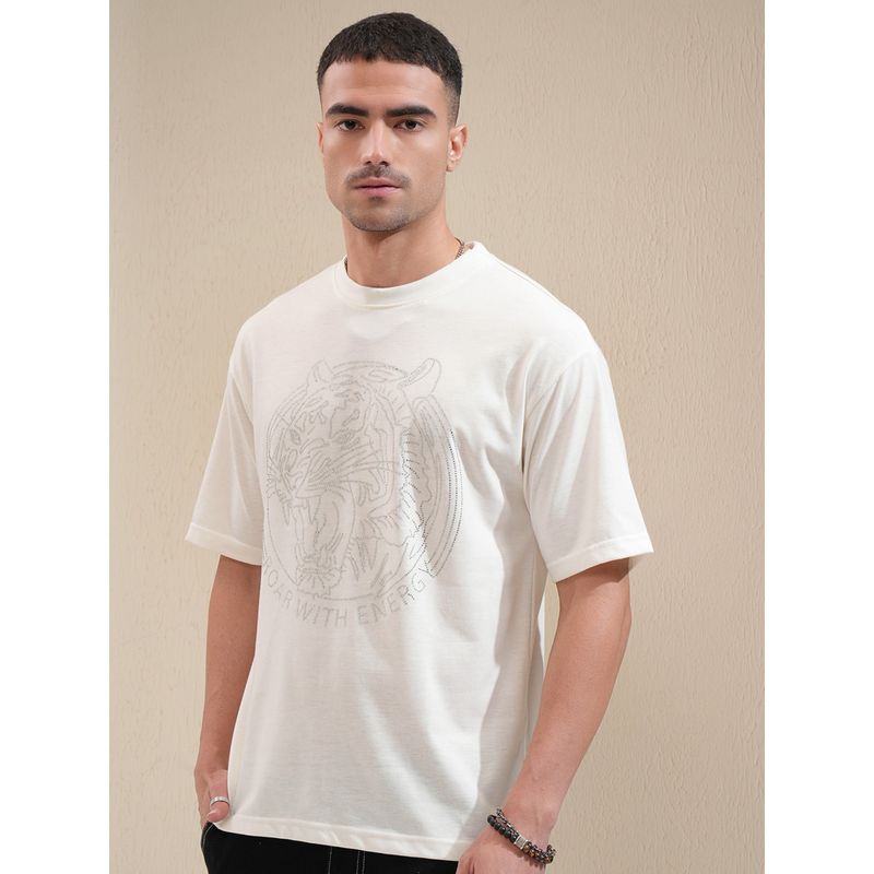 LOCOMOTIVE Men Off White Graphic Printed Round Neck Relaxed Fit T-shirt (L)