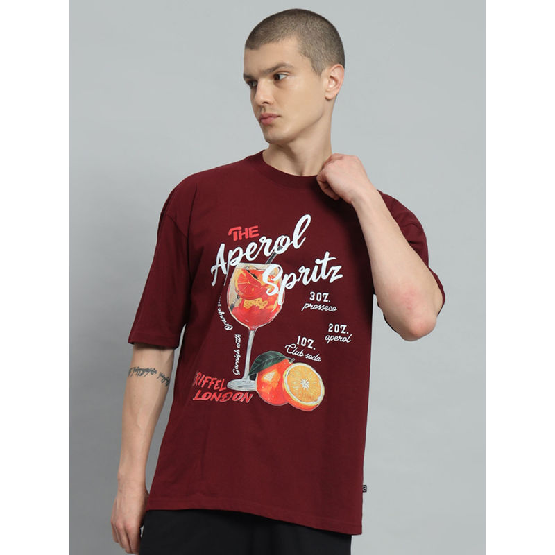 Griffel Men Cocktail Drop Shoulder Oversized Maroon T-shirt (XS)