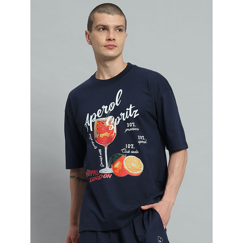 Griffel Men Cocktail Drop Shoulder Oversized Navy Blue T-shirt (L)