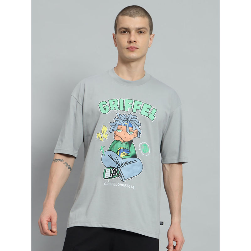 Griffel Men Anime Drop Shoulder Oversized Grey T-shirt (XS)