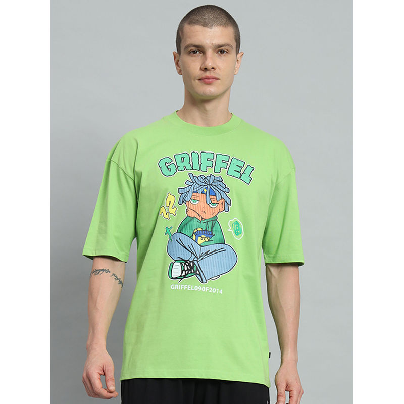 Griffel Men Anime Drop Shoulder Oversized Green T-shirt (XS)
