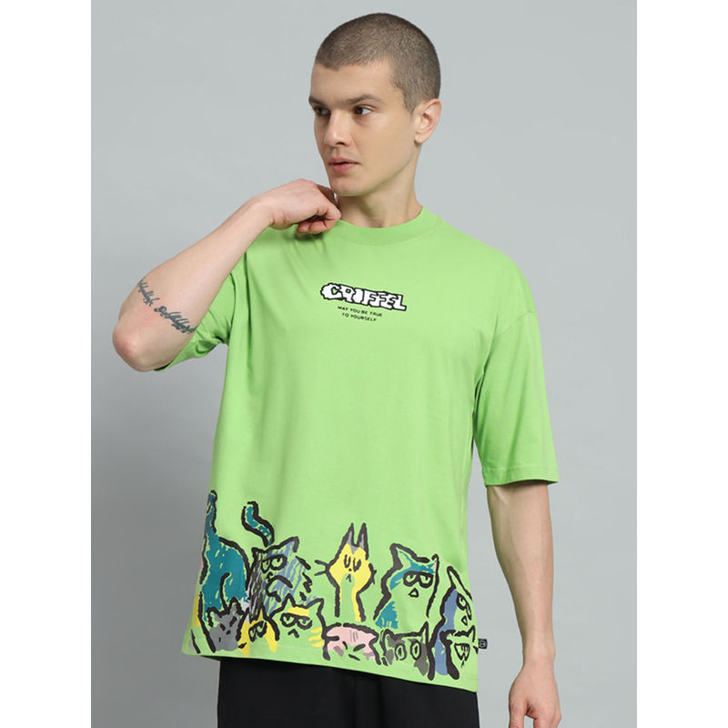 Griffel Men Emoji Cats Drop Shoulder Oversized Green T-shirt (XS)