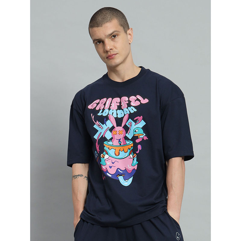 Griffel Men Bubble Bunny Drop Shoulder Oversized Navy Blue T-shirt (L)