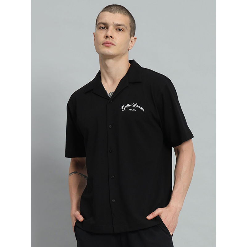 Griffel Printed Regular Fit Black Bowling Shirt (S)