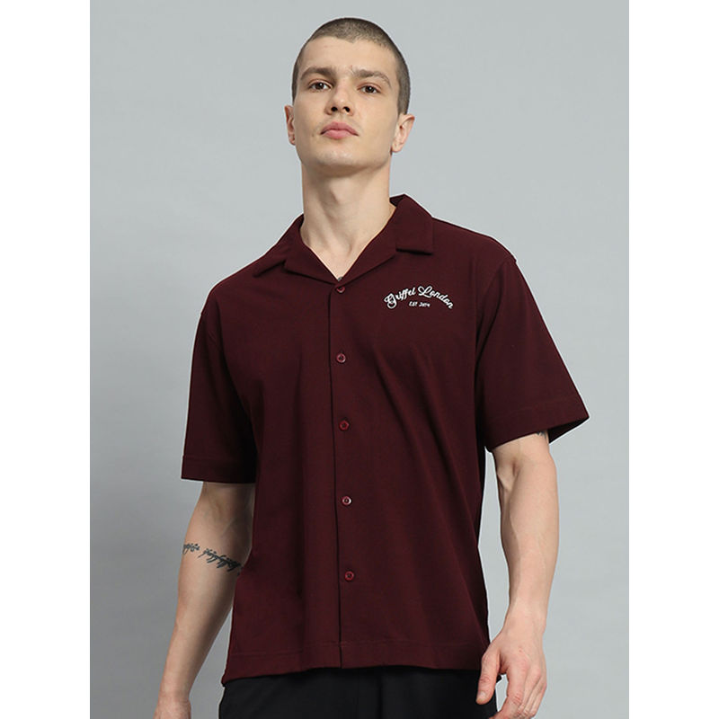 Griffel Printed Regular Fit Maroon Bowling Shirt (L)