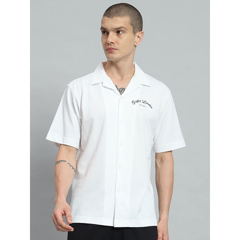Griffel Printed Regular Fit White Bowling Shirt (L)