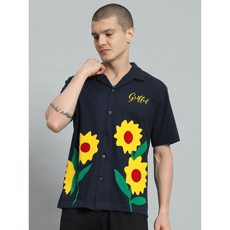 Griffel Sun Flower Printed Regular Fit Navy Blue Bowling Shirt (L)