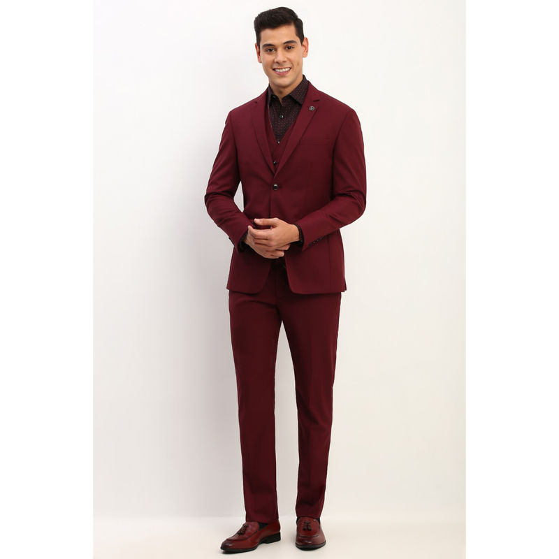 Allen Solly Men Red Slim Fit Textured Formal Three Piece Suit (Set of 3) (36)