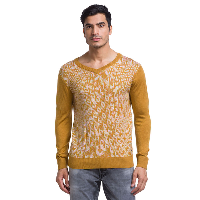 Parx Regular Fit Yarn Dyed Medium Yellow Sweater (S)