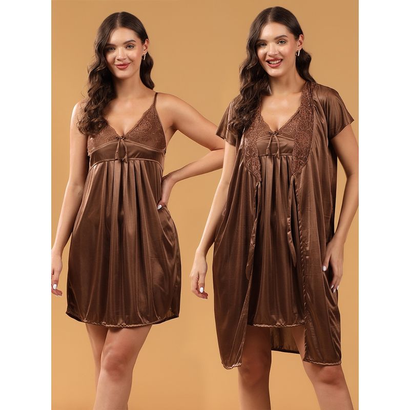 BRACHY Bridal Brown Satin Lace Lingerie Babydoll with Robe (Set of 2) (L)