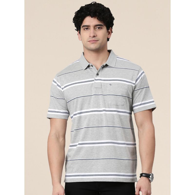 Classic Polo Men Grey Polo Neck Authentic Fit Striped Cotton Blend T-Shirt (M)