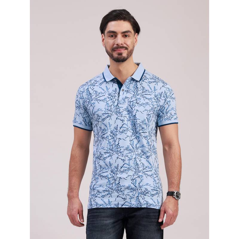 Classic Polo Men Blue Polo Neck Slim Fit All-Over Print Cotton T-Shirt (XL)