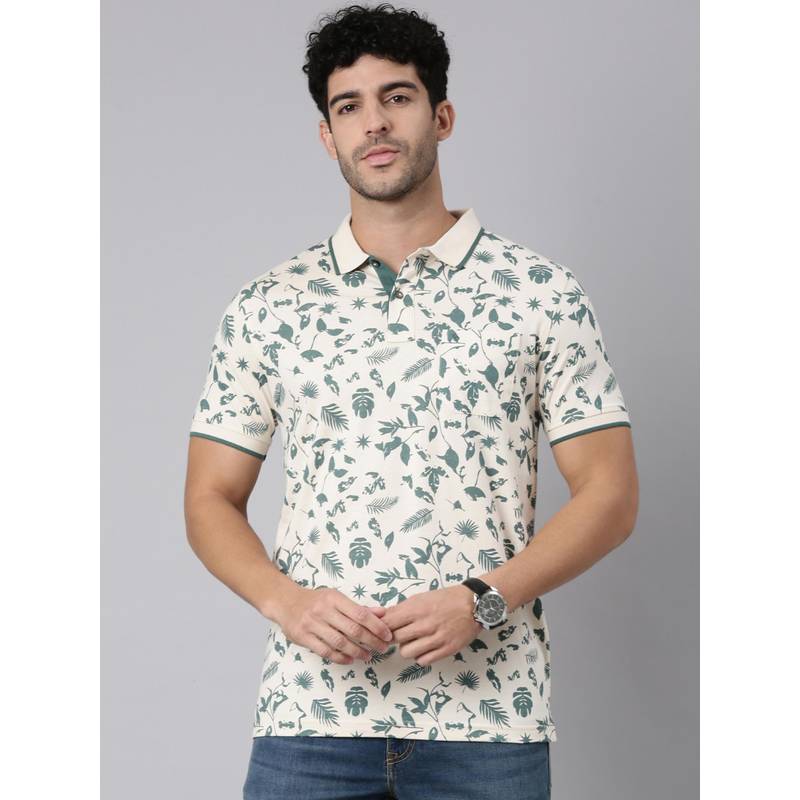 Classic Polo Men Cream Polo Neck Slim Fit All-Over Print Cotton T-Shirt (2XL)