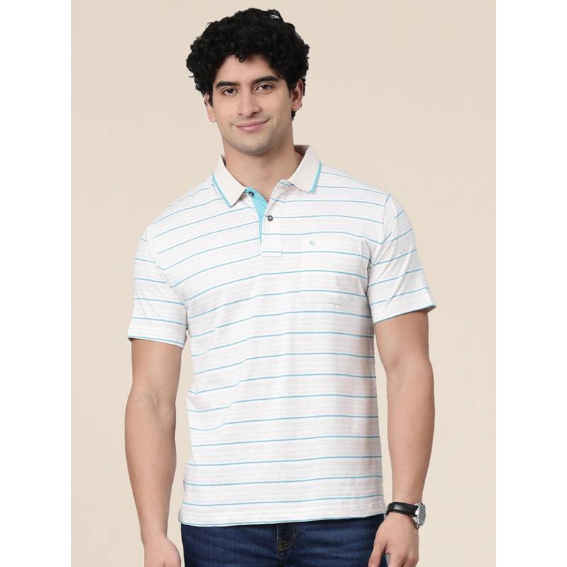 Classic Polo Men White/Blue Polo Neck Authentic Fit Striped Cotton Blend T-Shirt (L)